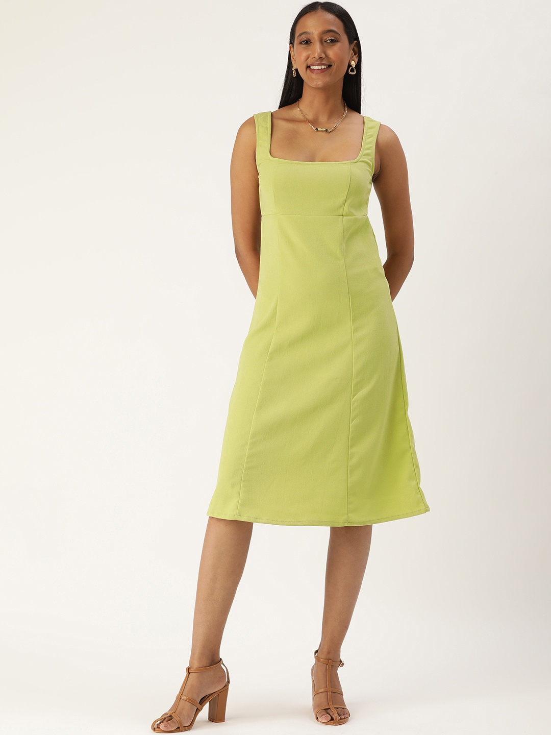 

FOREVER 21 Women Lime Green Solid A-Line Dress With Styled Back