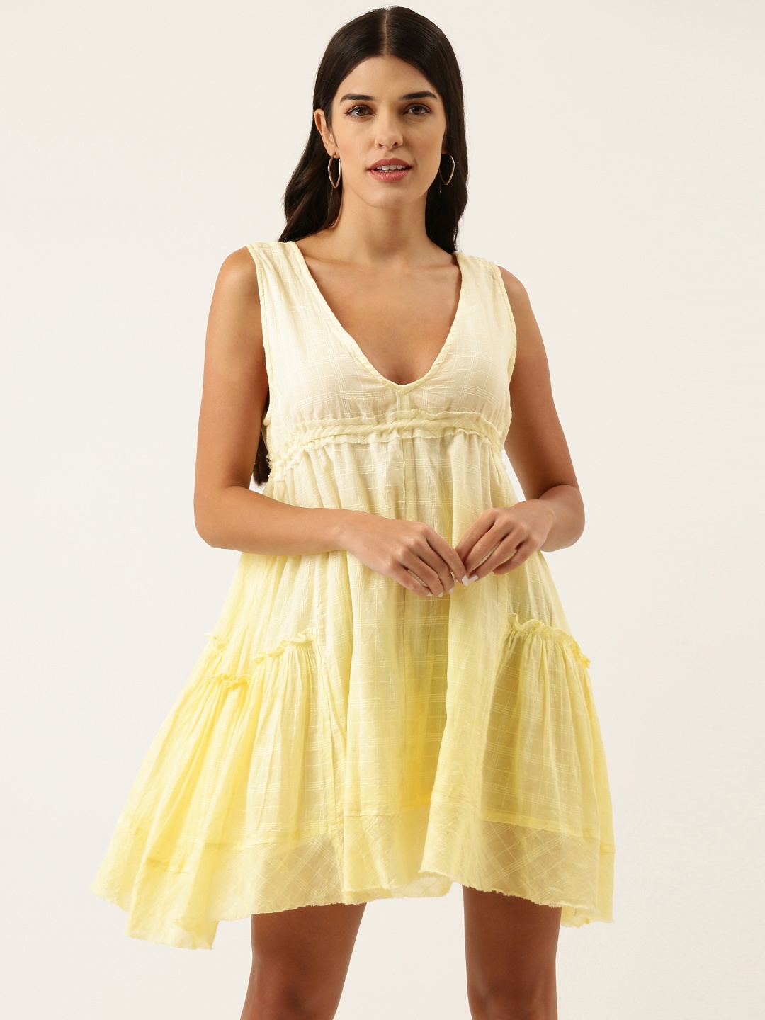 

FOREVER 21 Off White & Yellow Checked Ombre Empire Dress