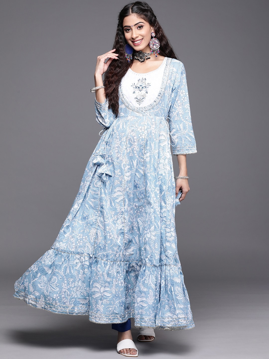 

KSUT Women Blue Ethnic Motifs Printed Flared Sleeves Thread Work Floral Anarkali Kurta