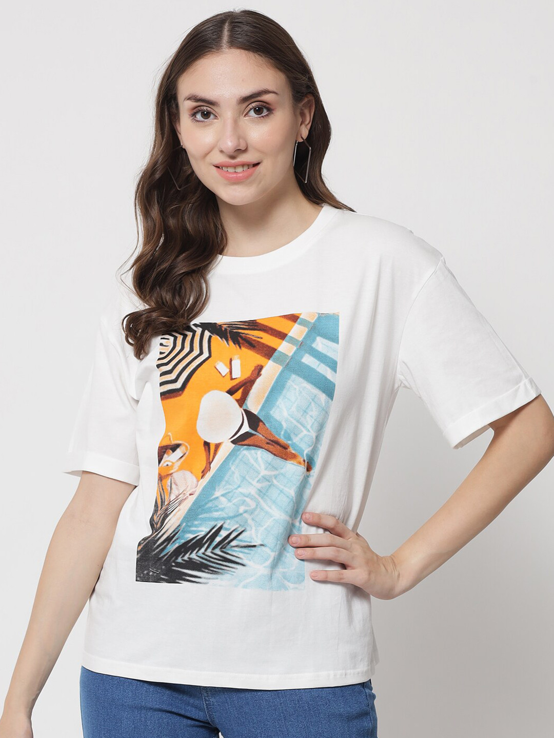 

The Dry State Women White Printed Oversized Cotton T-shirt