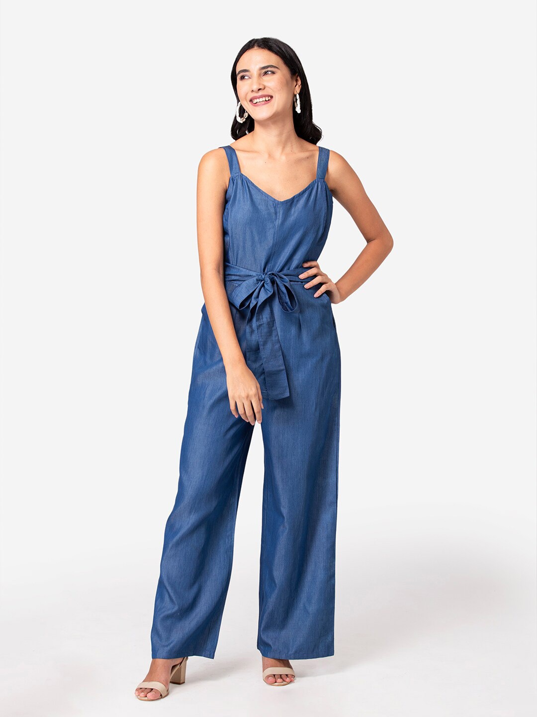 

YEROS Blue Solid Scoop Neck Organic Cotton Basic Jumpsuit