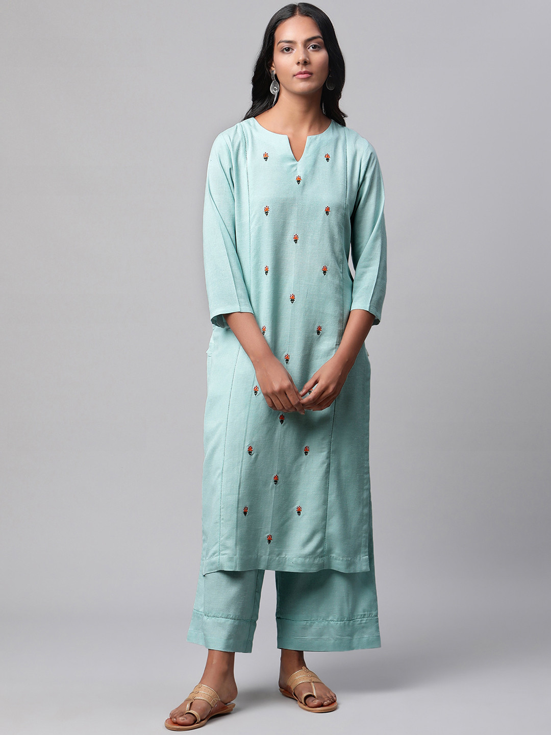 

Linen Club Woman Women Turquoise Blue Ethnic Motifs Embroidered Thread Work Linen Kurta with Palazzos
