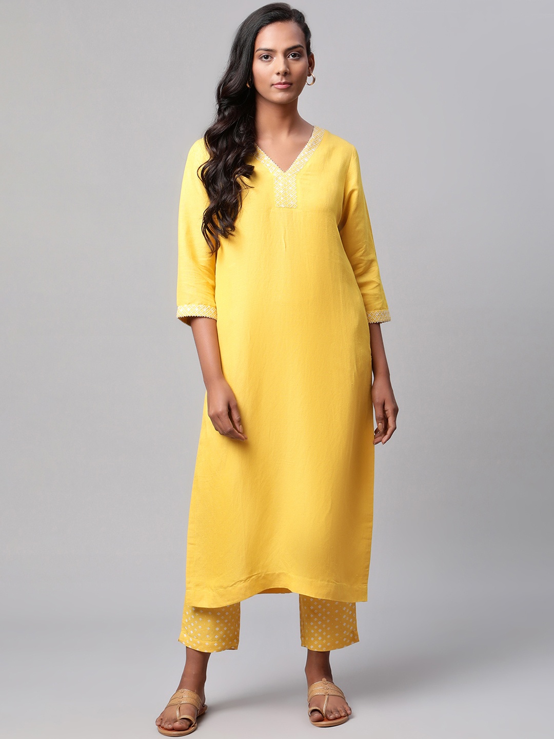 

Linen Club Woman Women Mustard Yellow Linen Sustainable Kurta with Trousers