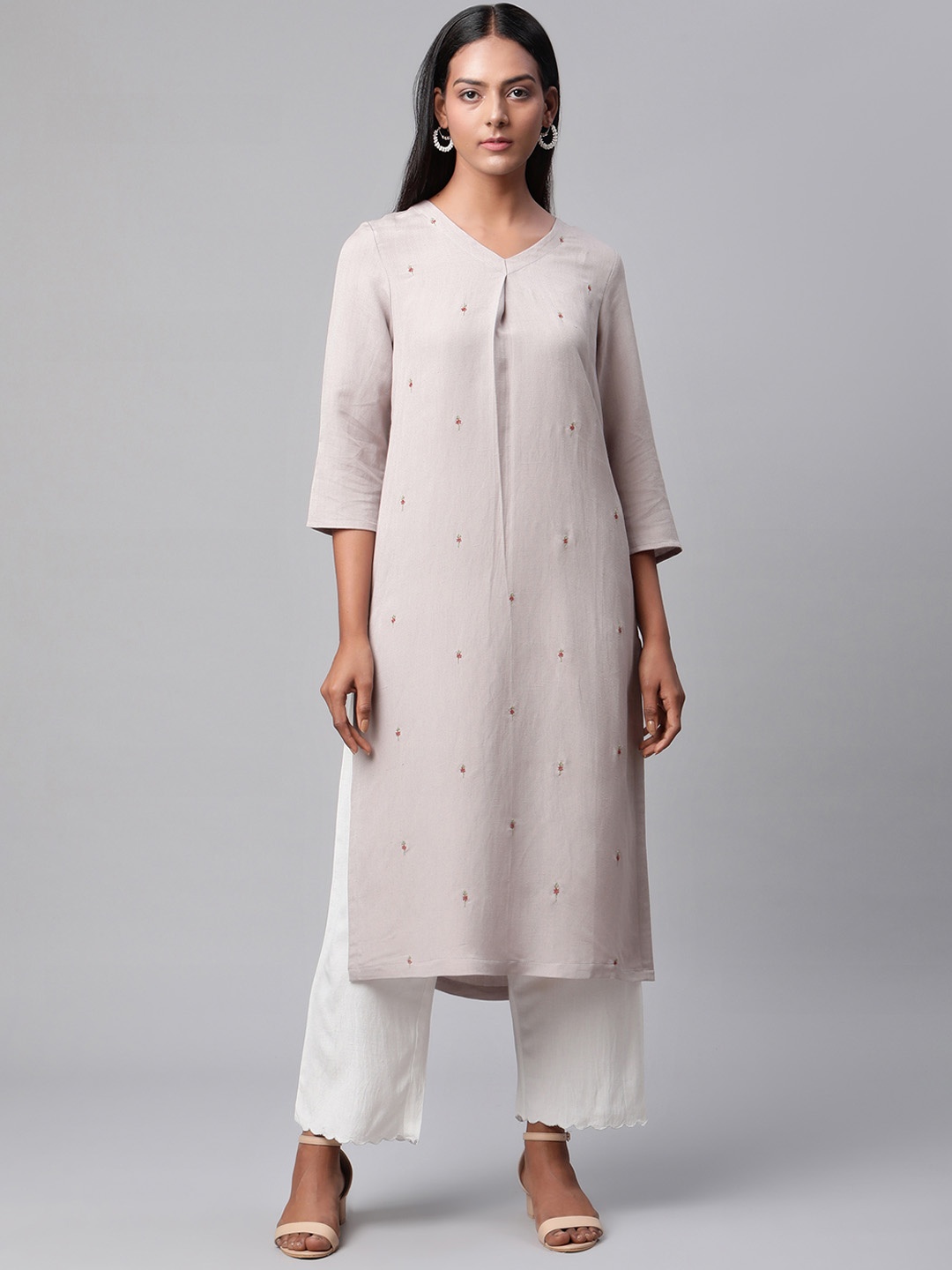 

Linen Club Woman Women Grey Floral Embroidered Linen Kurta with Palazzos