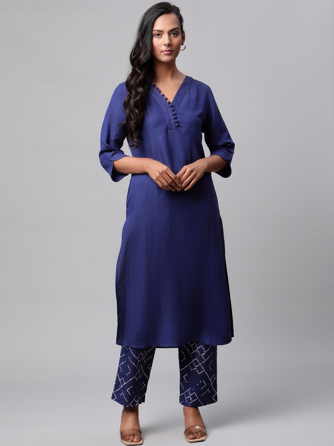 

Linen Club Woman Women Navy Blue Linen Sustainable Kurta with Palazzos