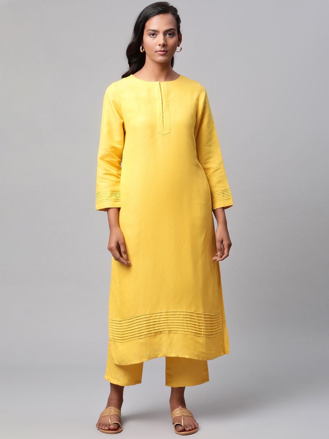 

Linen Club Woman Women Mustard Yellow Linen Sustainable Kurta with Trousers