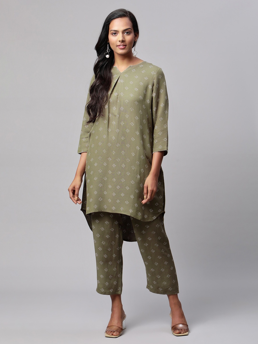 

Linen Club Woman Olive Green Linen Printed Tunic