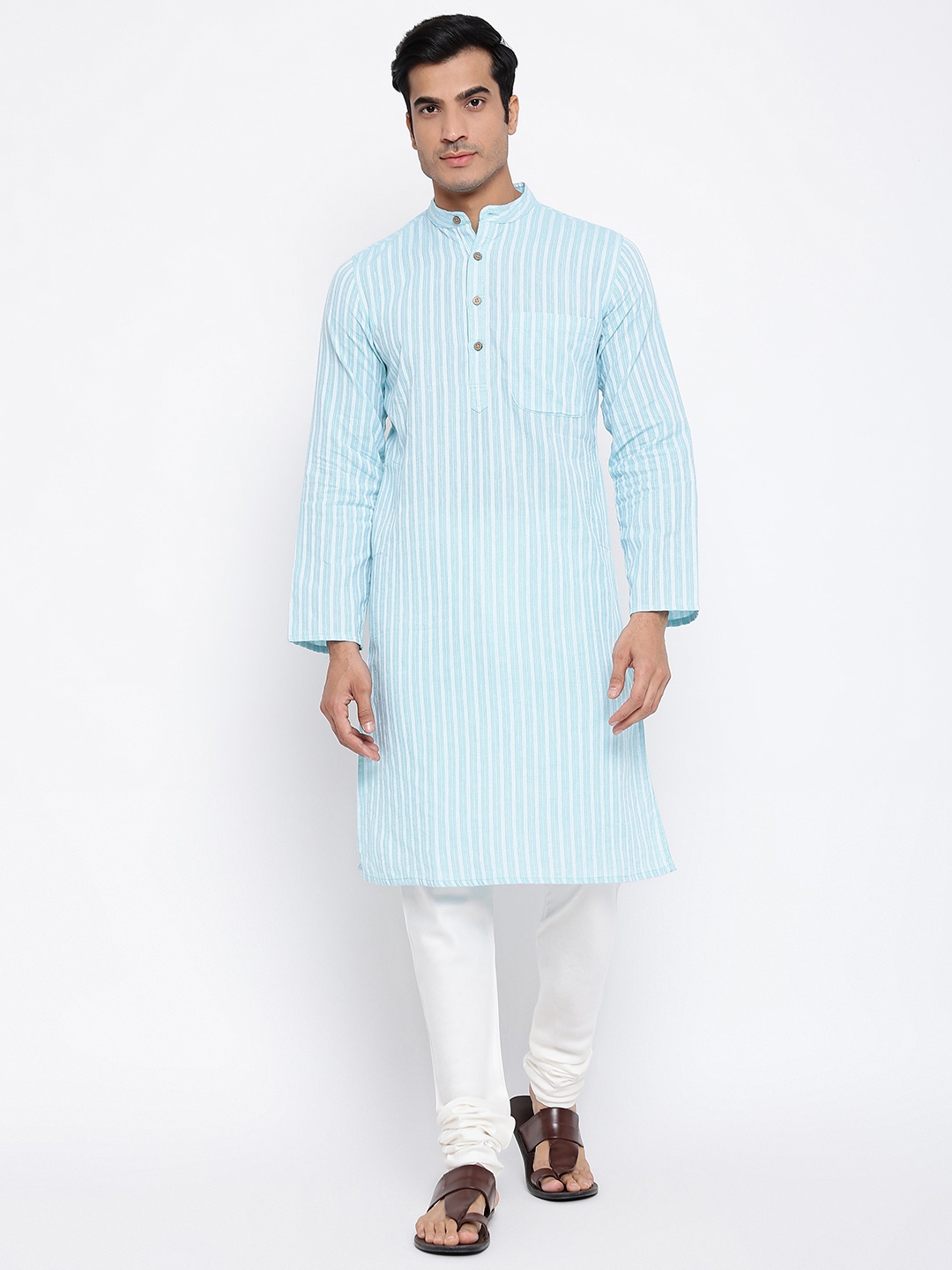 

Fabindia Men Blue & White Pure Cotton Striped Kurta