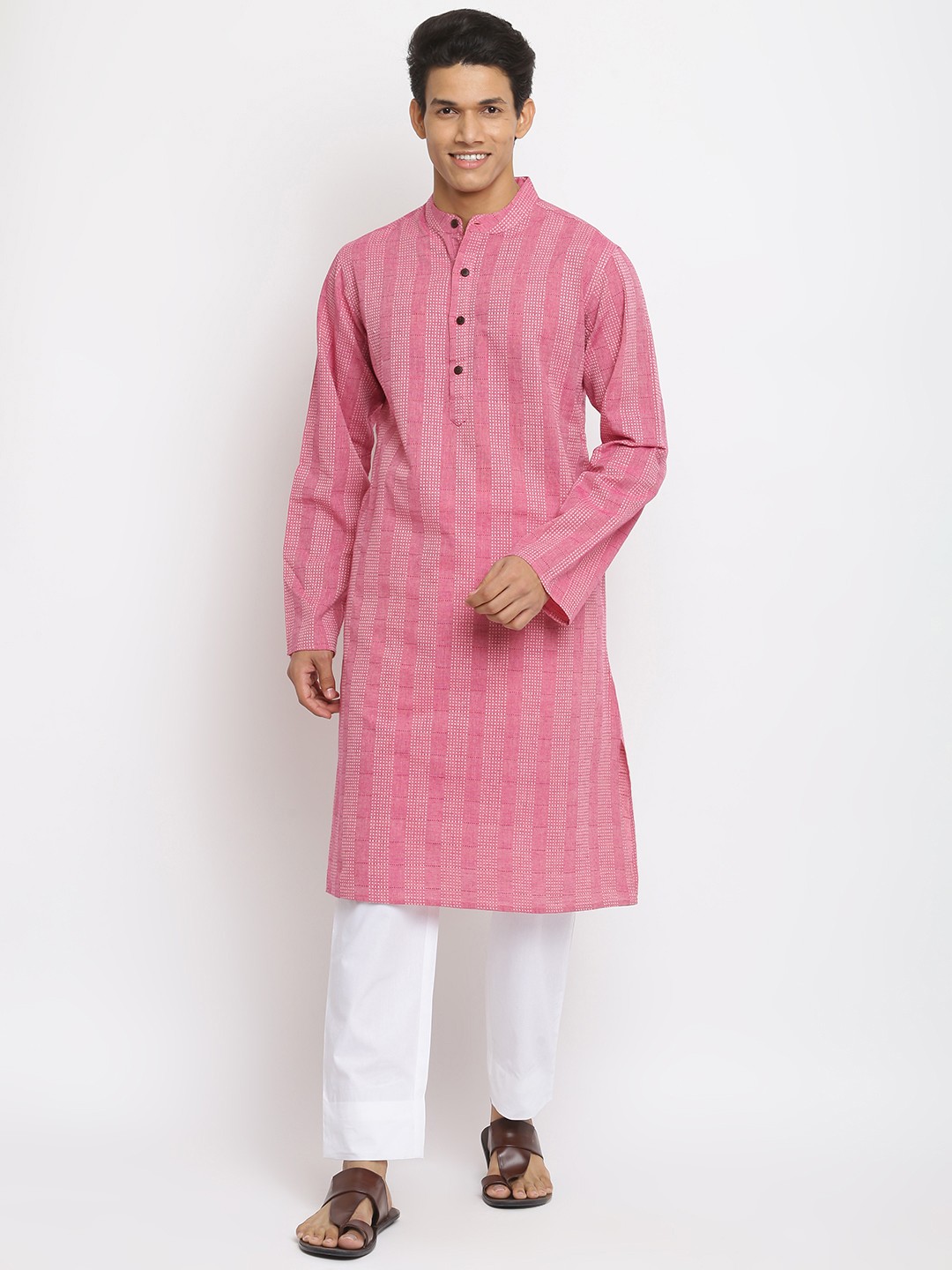 

Fabindia Men Pink Checked Dobby Weave Pure Cotton Slim Fit Kurta
