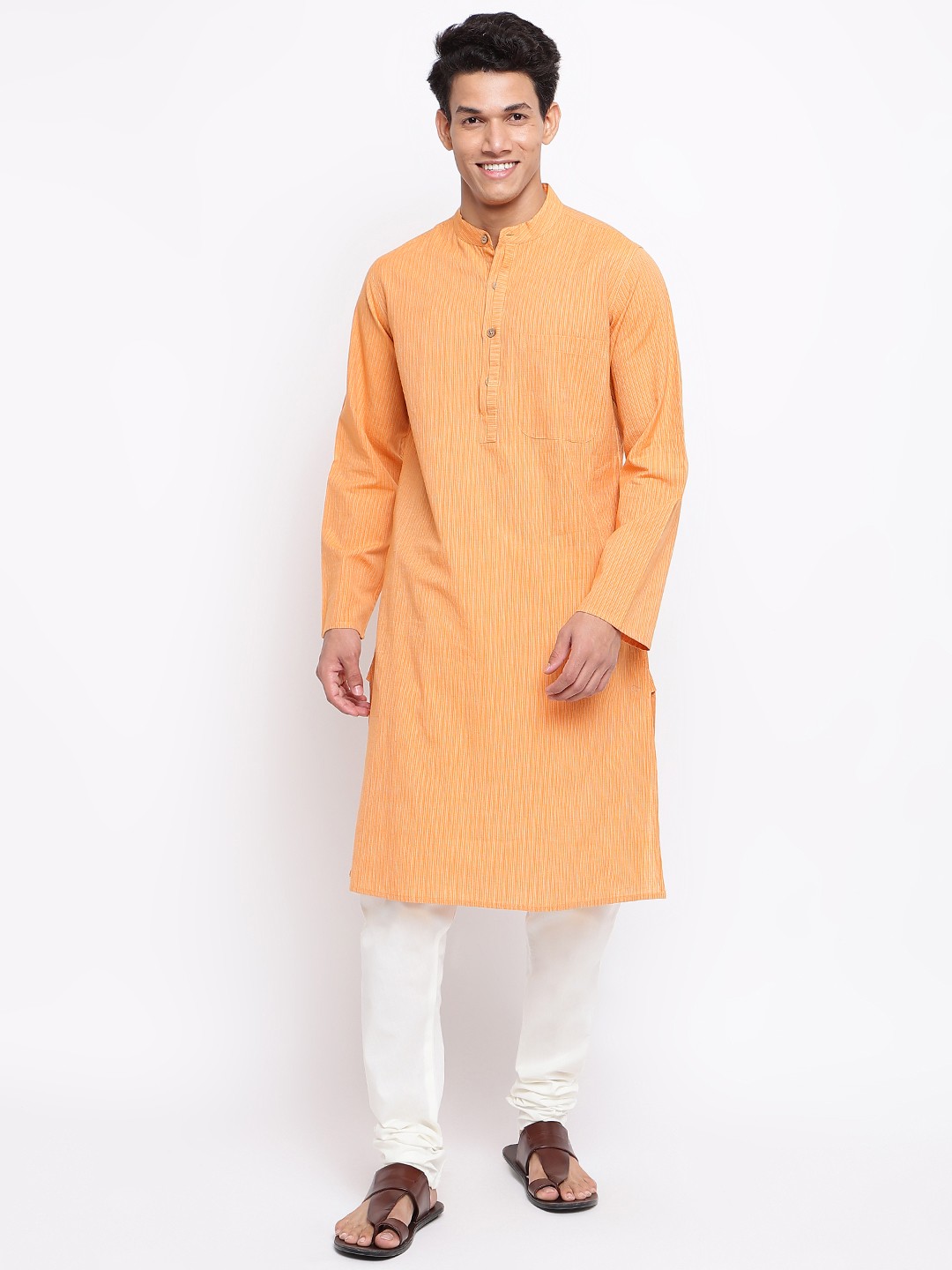 

Fabindia Men Orange & Grey Pure Cotton Striped Kurta