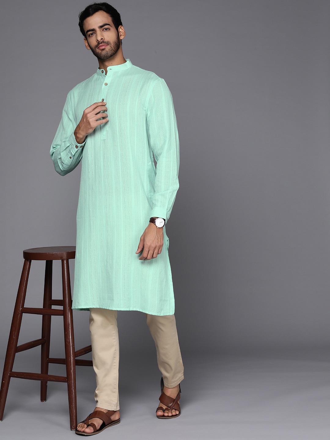 

Fabindia Men Sea Green Self Striped Pure Cotton Kurta