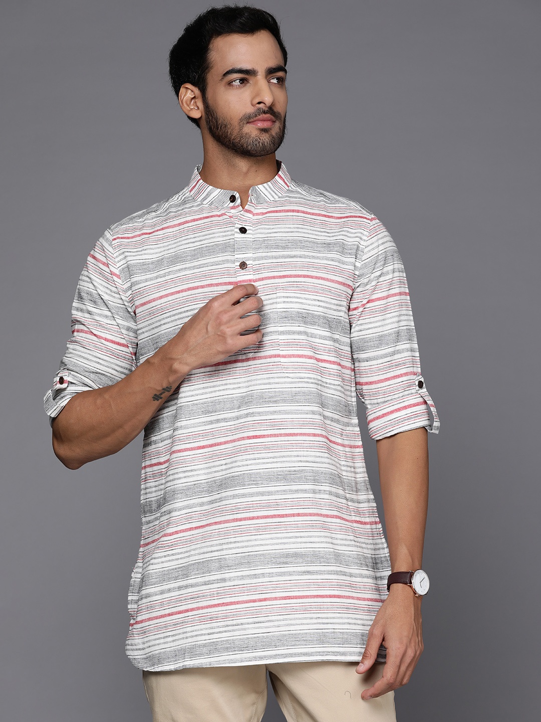 

Fabindia Men White & Grey Striped Pure Cotton Kurta