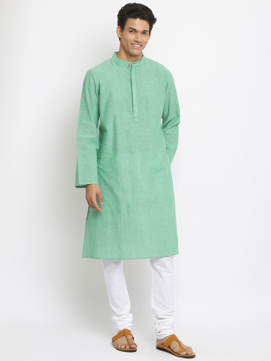 

Fabindia Men Sea Green Solid Band Collar Pure Cotton Kurta