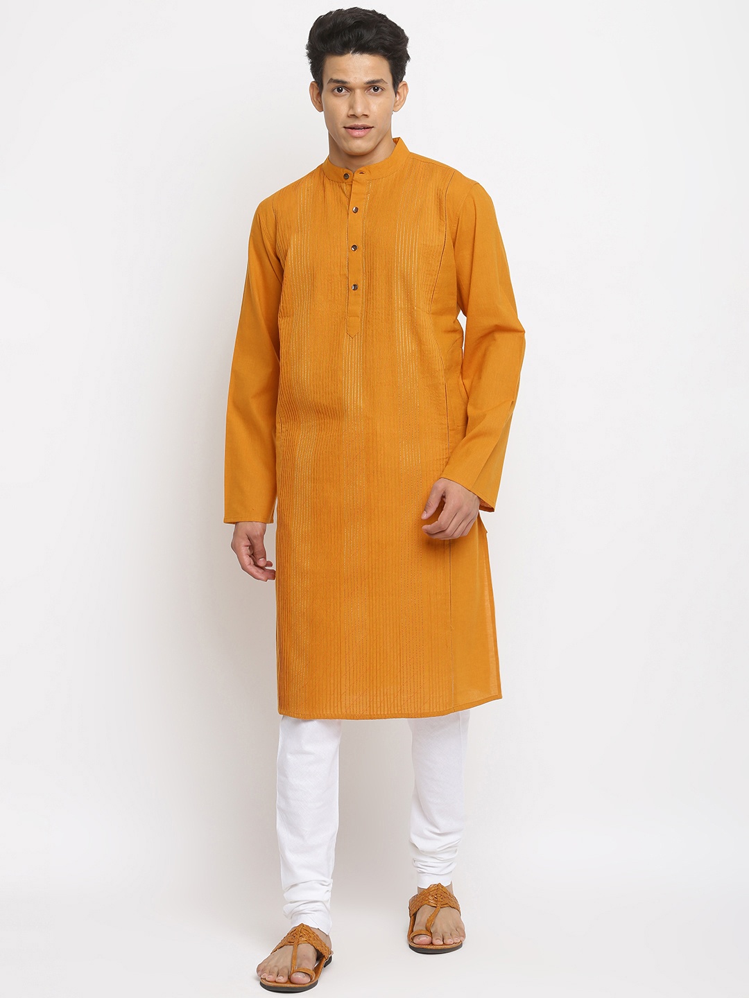

Fabindia Men Mustard Yellow Pintuck Design Thread Work Slim Fit Kurta
