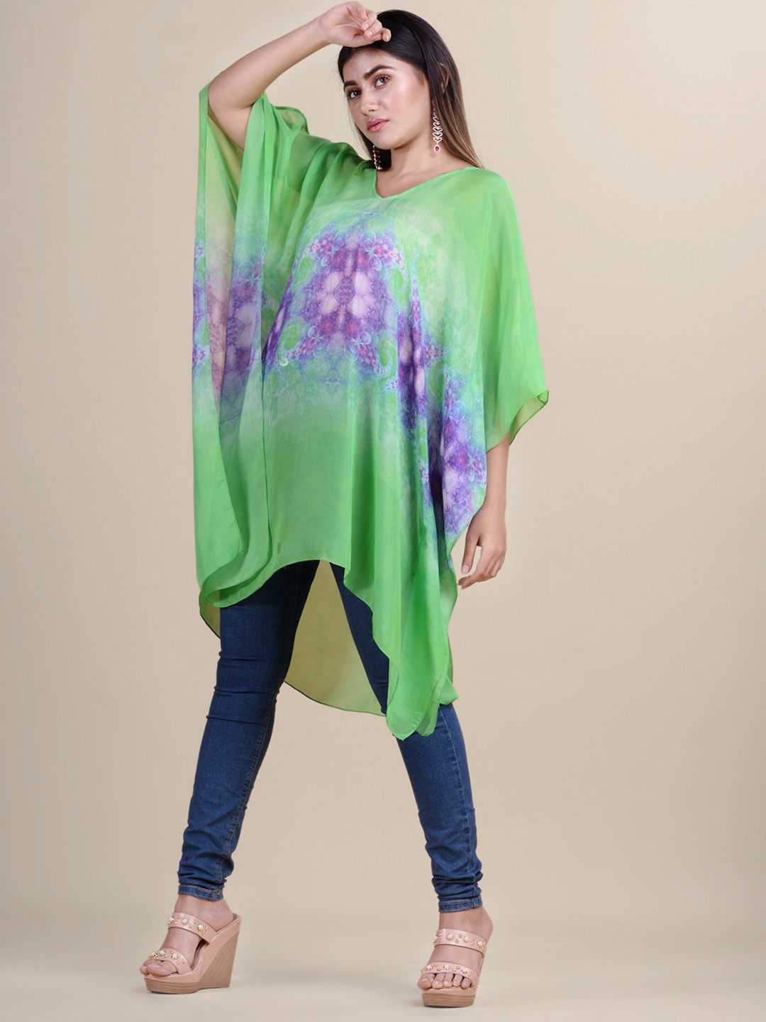 

Laa Calcutta Green & Violet Printed Kaftan Tunic
