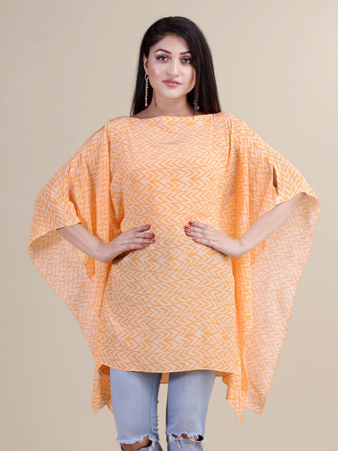 Laa Calcutta Yellow & White Boat Neck Printed Kaftan Tunic
