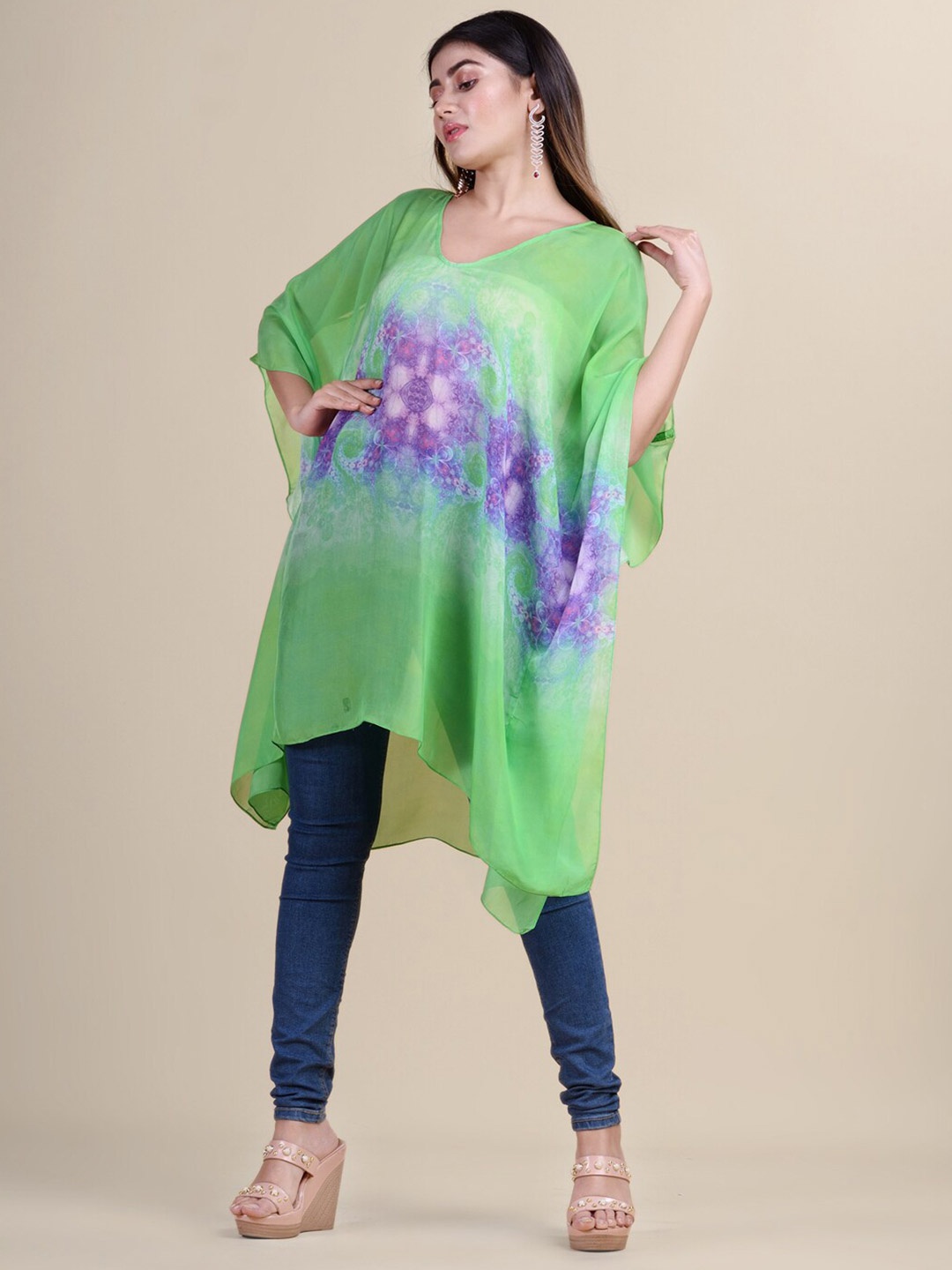 

Laa Calcutta Women Green & Purple Printed Kaftan Tunic