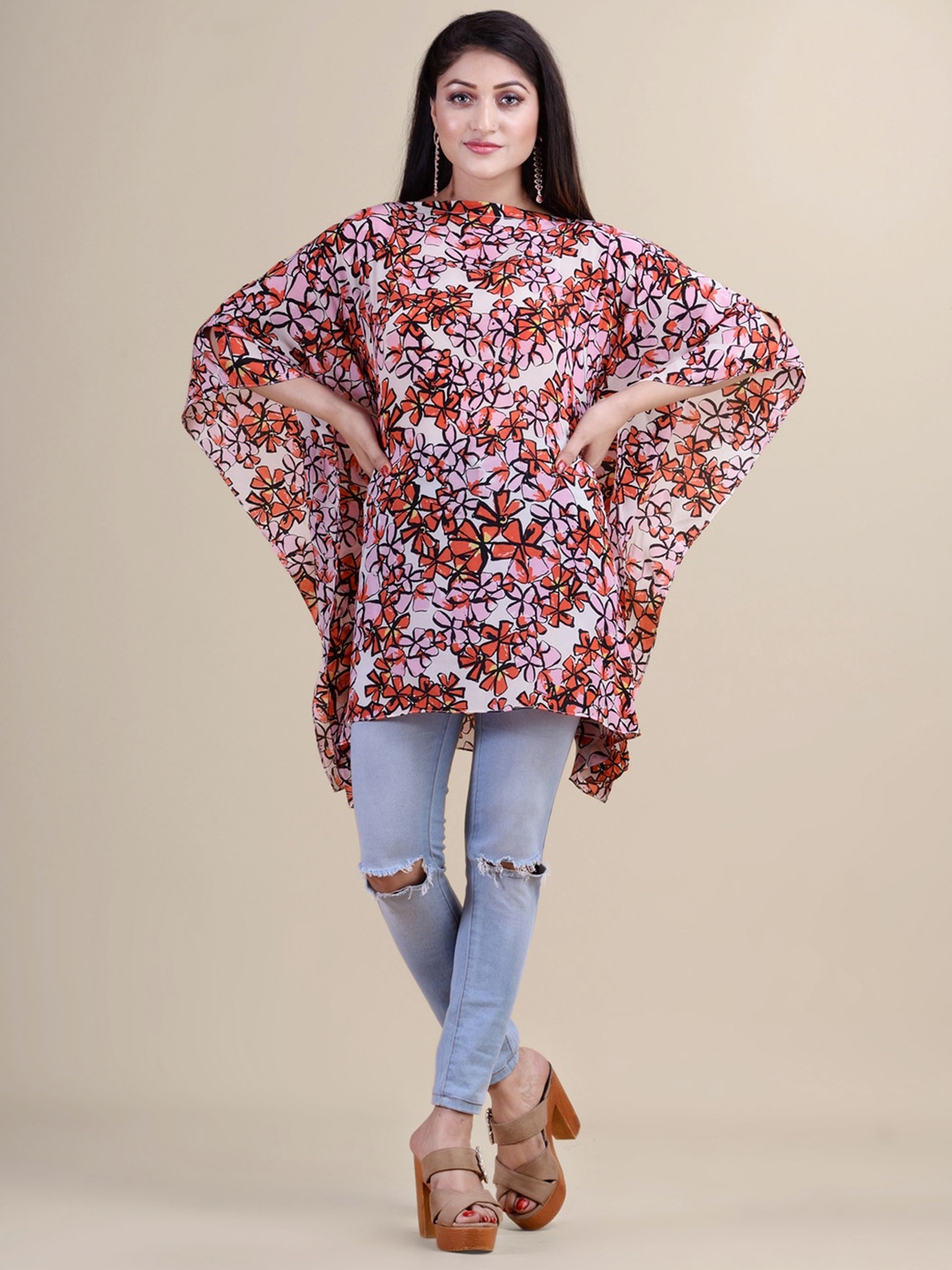 

Laa Calcutta Women White Boat Neck Printed Kaftan Tunic