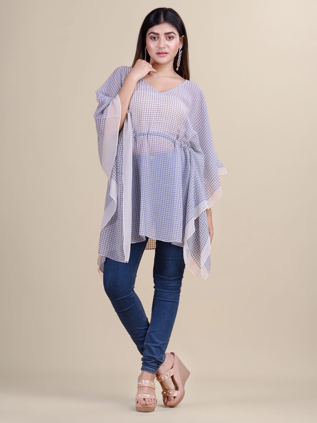 

Laa Calcutta White & Blue Checked Georgette Kaftan Tunic