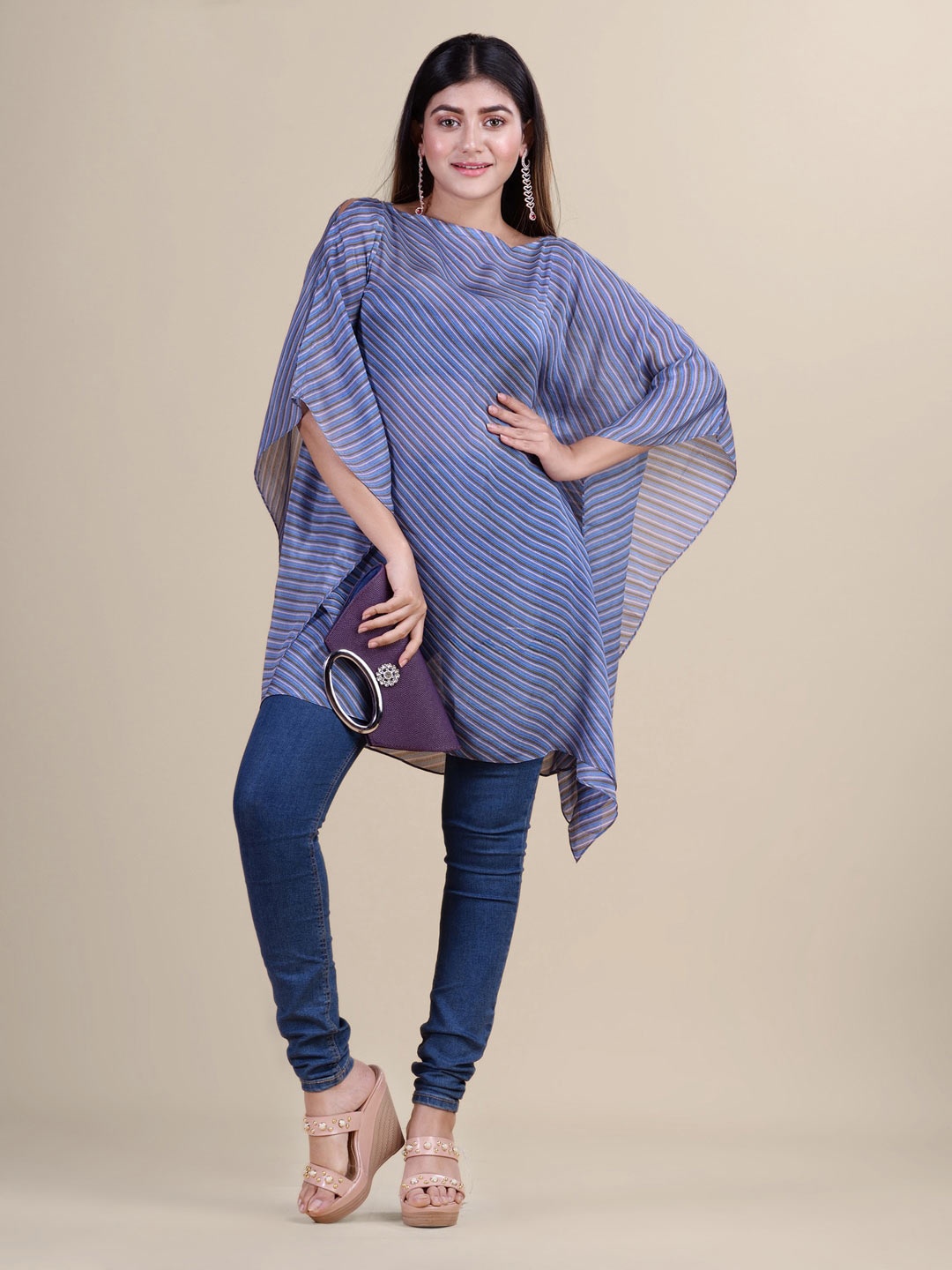 

Laa Calcutta Blue & White Boat Neck Striped Georgette Kaftan Tunic