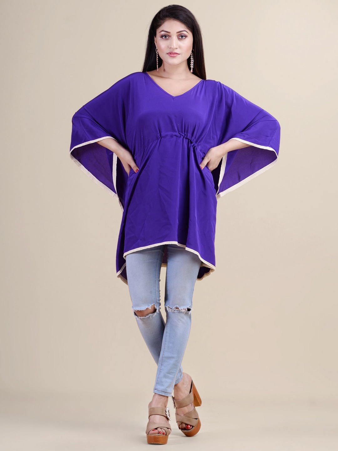 

Laa Calcutta V-Neck Extended Sleeves Georgette Kaftan Kurti, Purple
