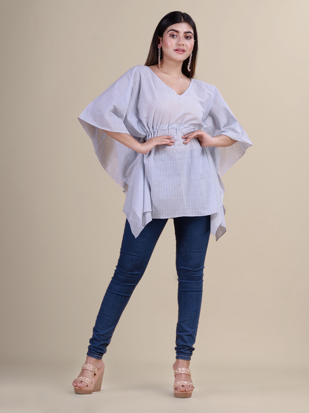 

Laa Calcutta Striped V-Neck Extended Sleeves Georgette Kaftan Kurti, Blue