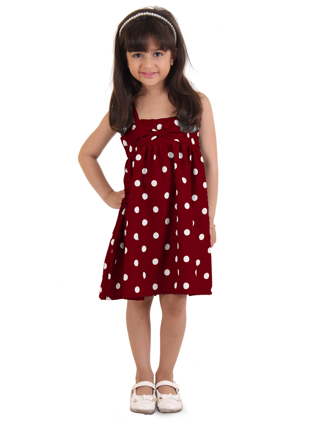 

Kids On Board Girls Maroon Polka Dot Crepe A-Line Dress