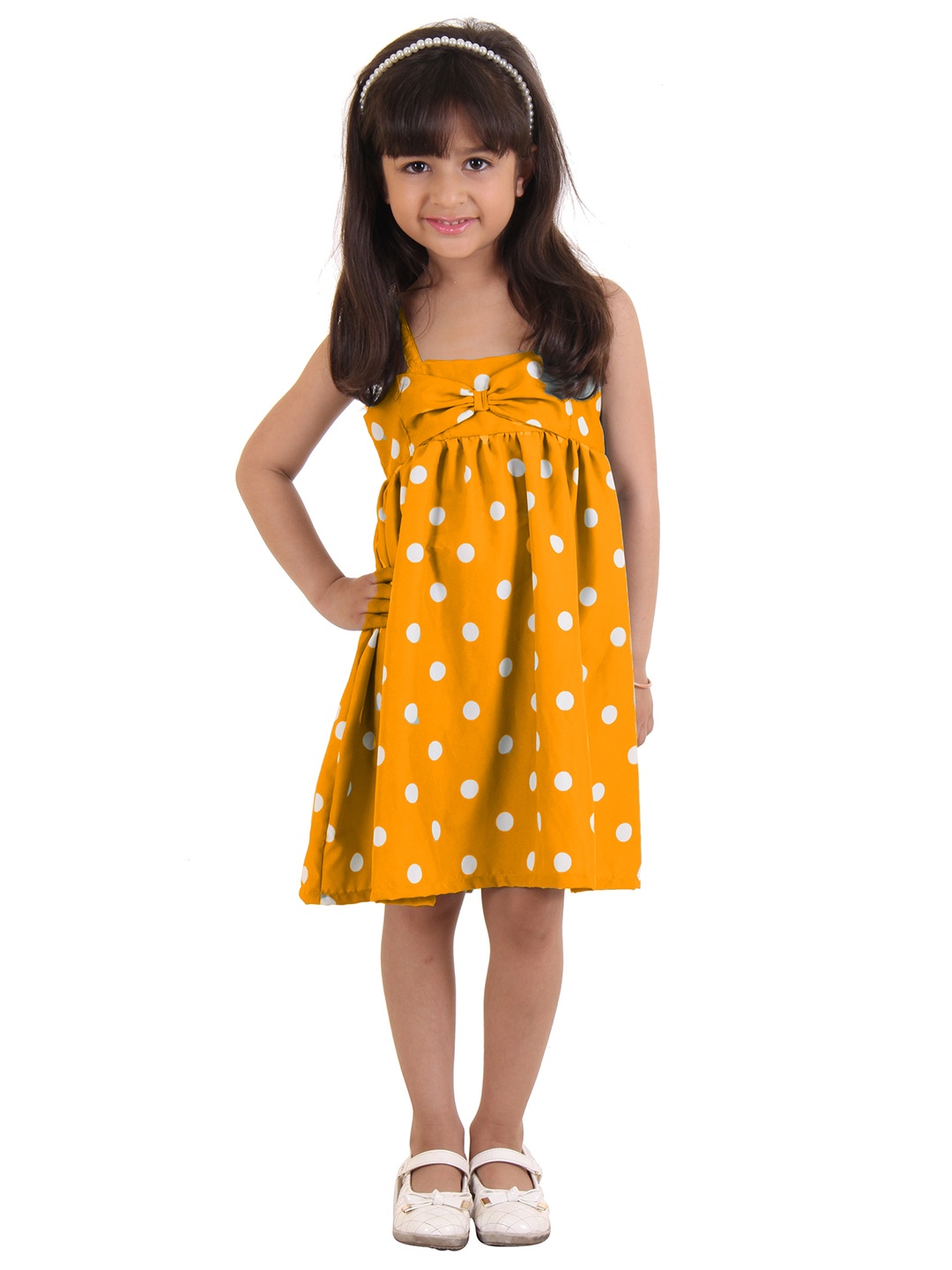 

Kids On Board Girls Yellow & White Polka Dots Crepe Empire Dress