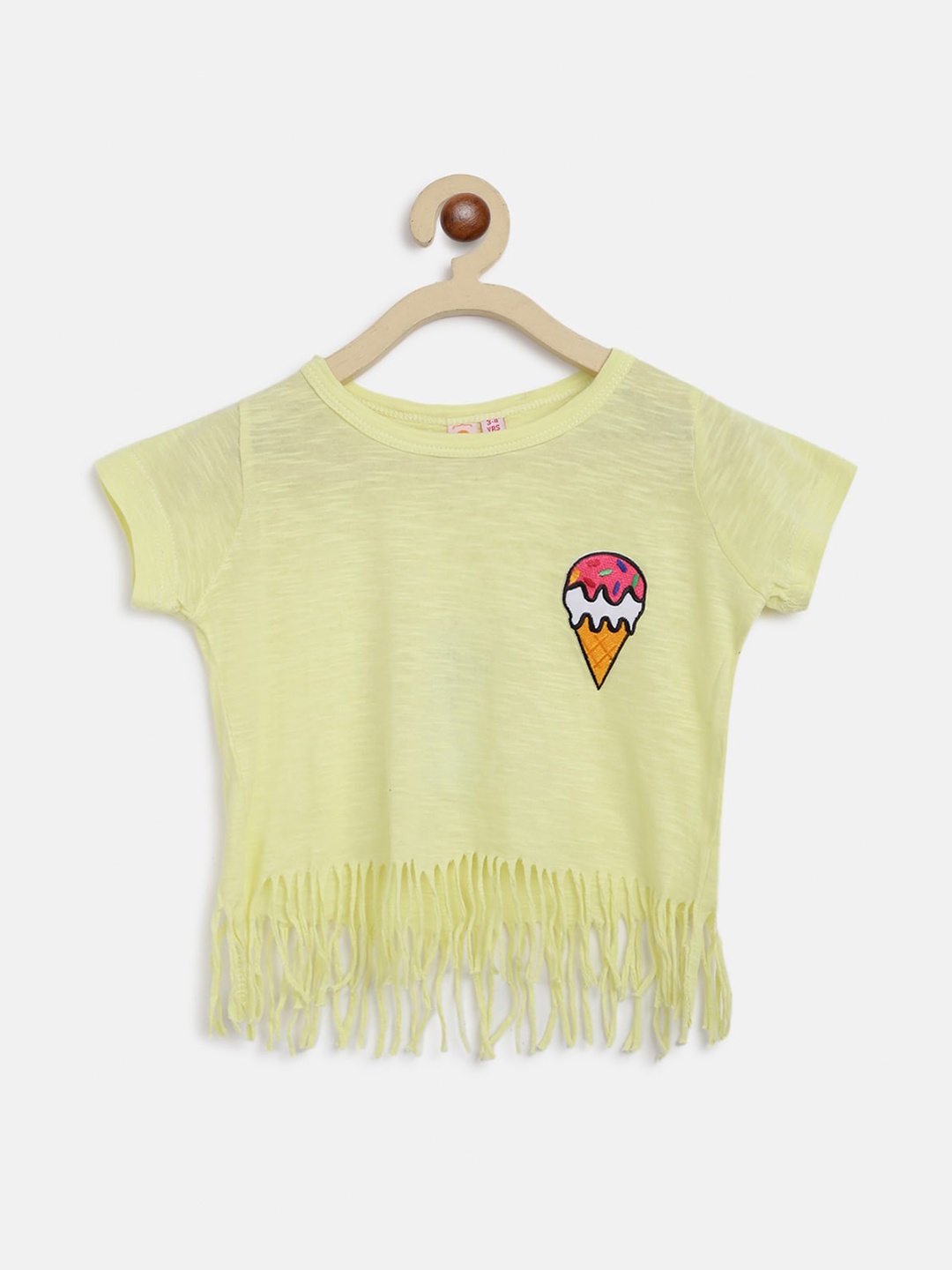 

Kids On Board Yellow & Red Fringed Solid Round Neck Pure Cotton Regular Crop Top