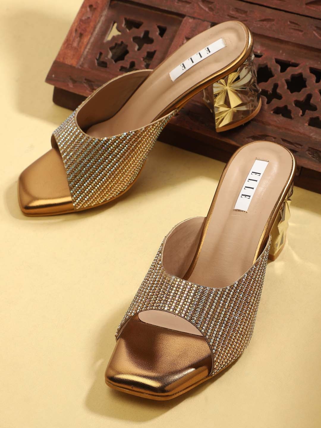 

ELLE Gold-Toned Embellished Block Pumps