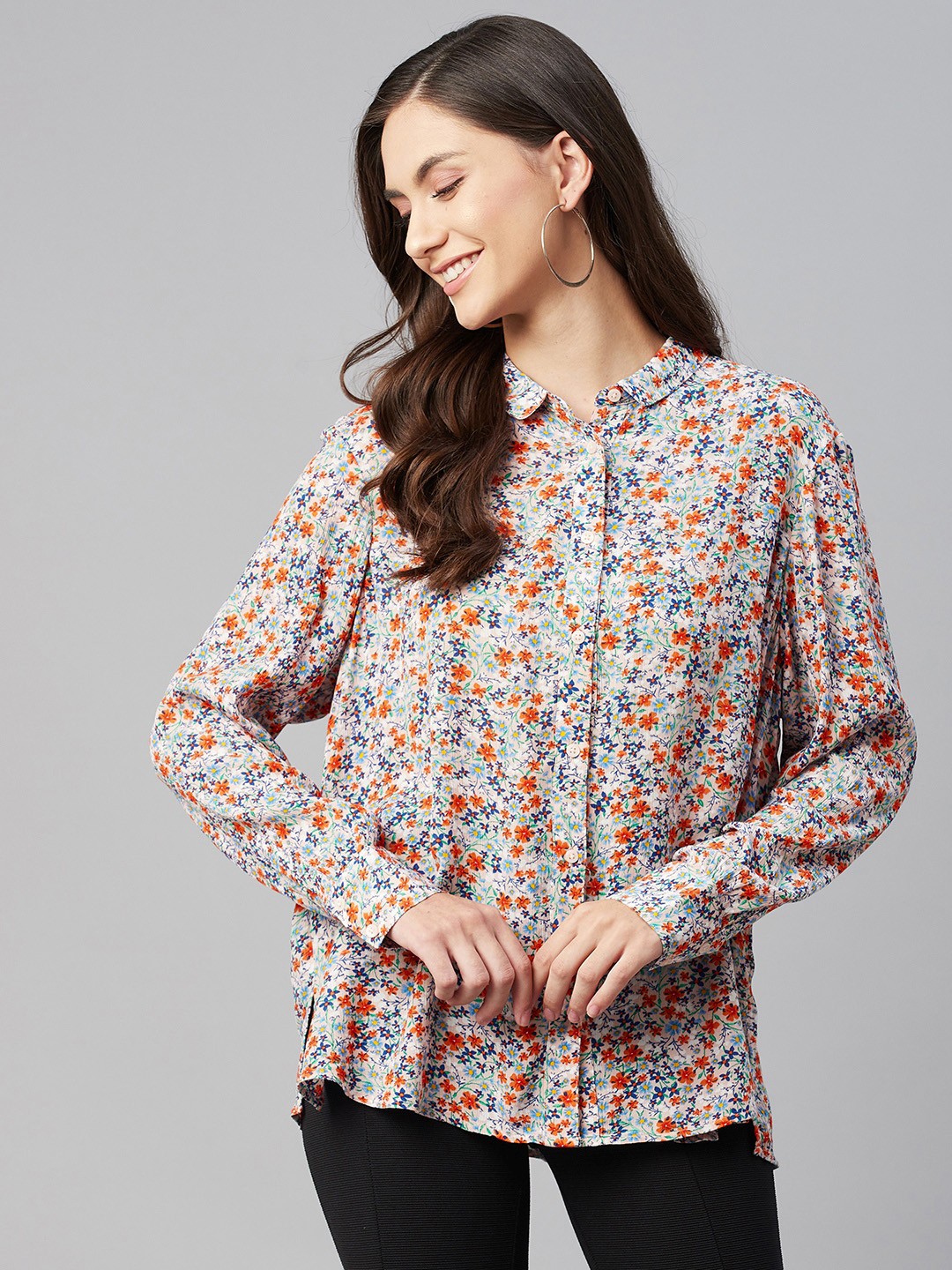 

Marks & Spencer Women Blue & Orange Floral Printed Casual Shirt