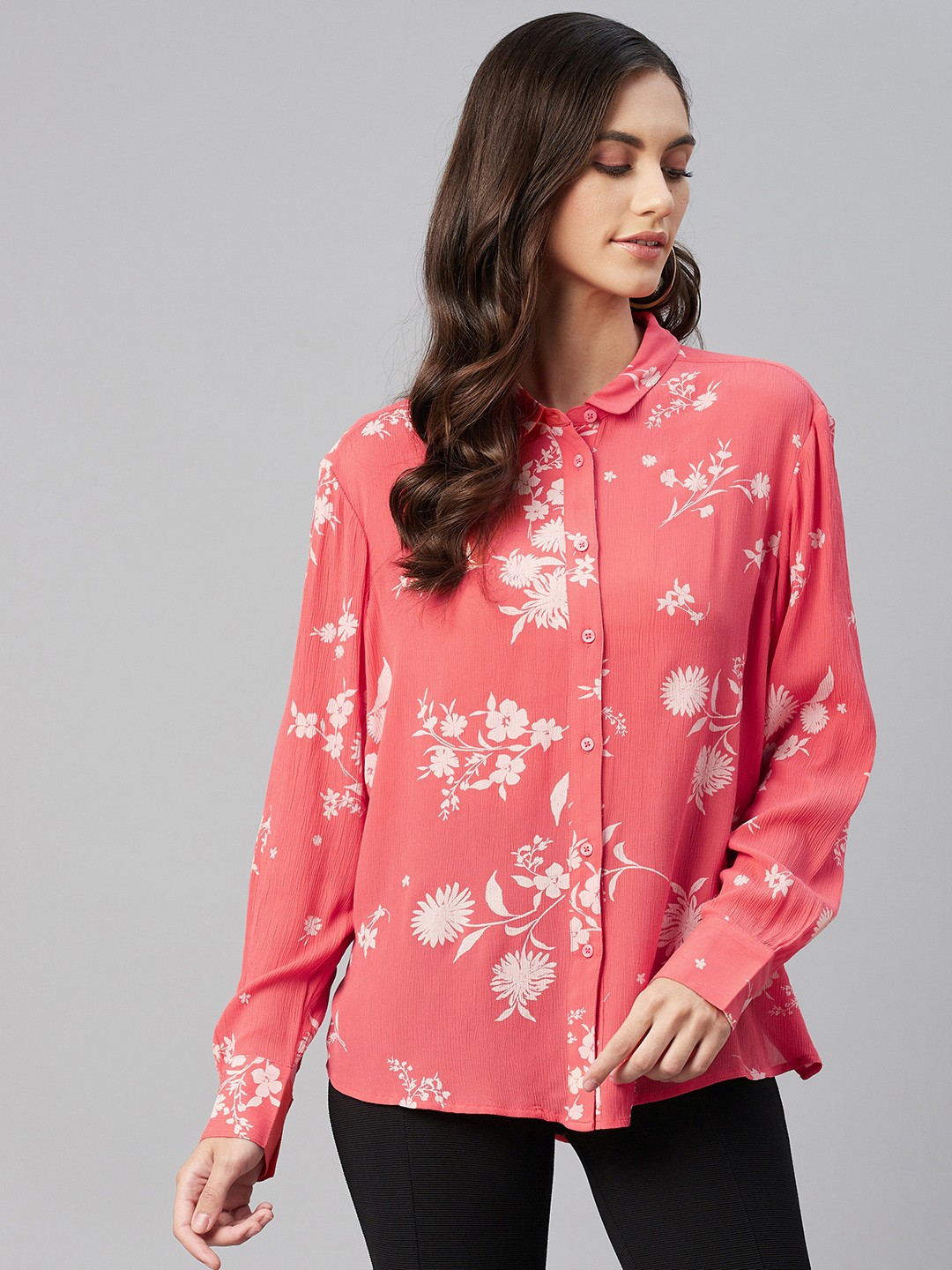 

Marks & Spencer Women Coral Pink & Off-White Floral Printed Casual Shirt