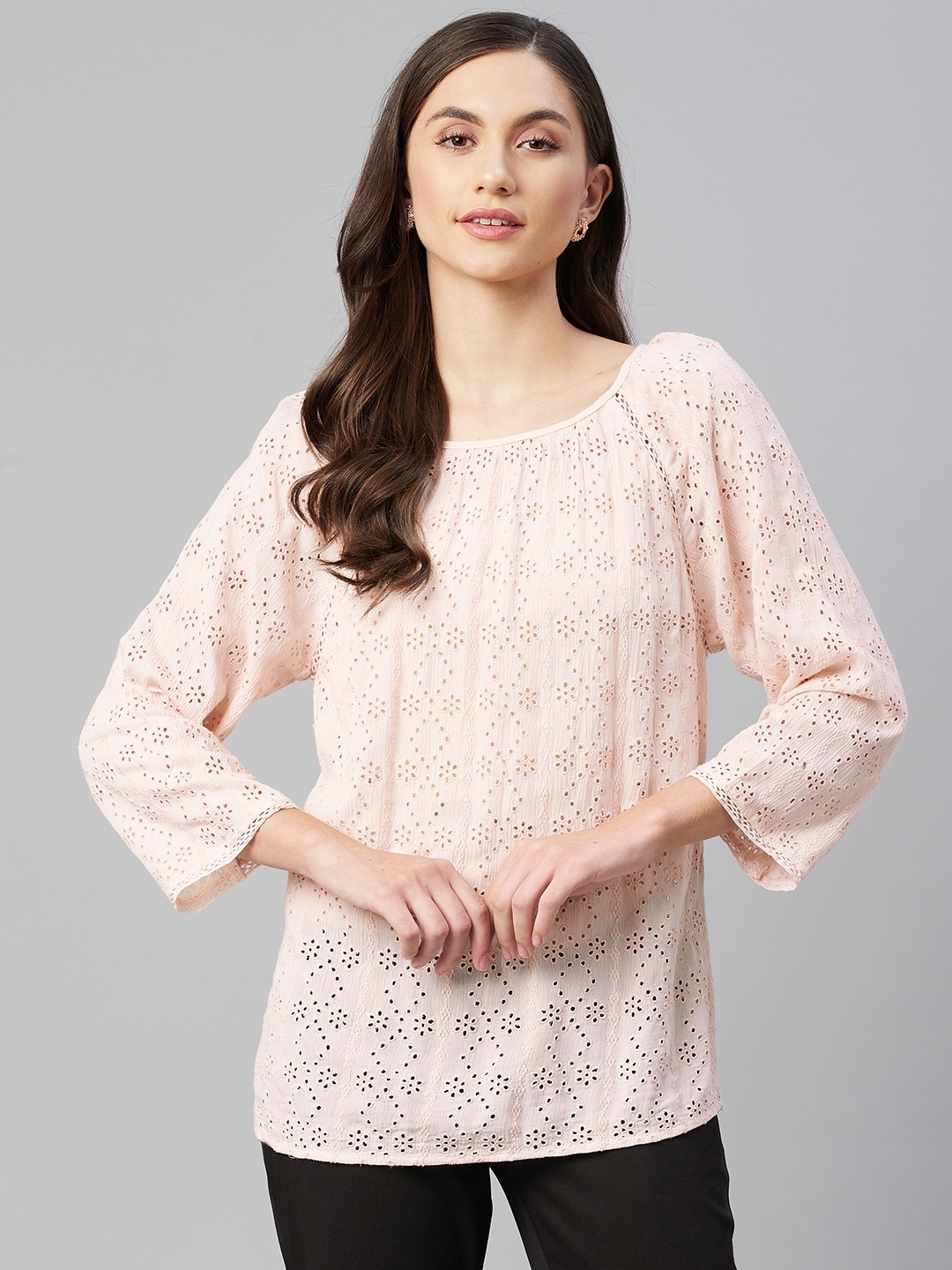 

Marks & Spencer Women Pink Embroidered Schiffli Top