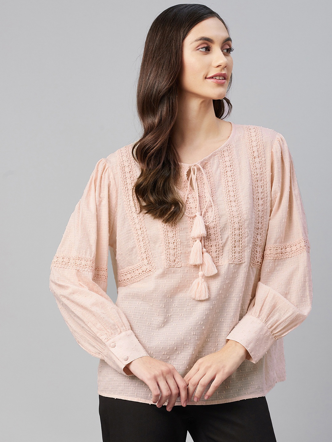 

Marks & Spencer Women Pink Pure Cotton Tie-Up Neck Top