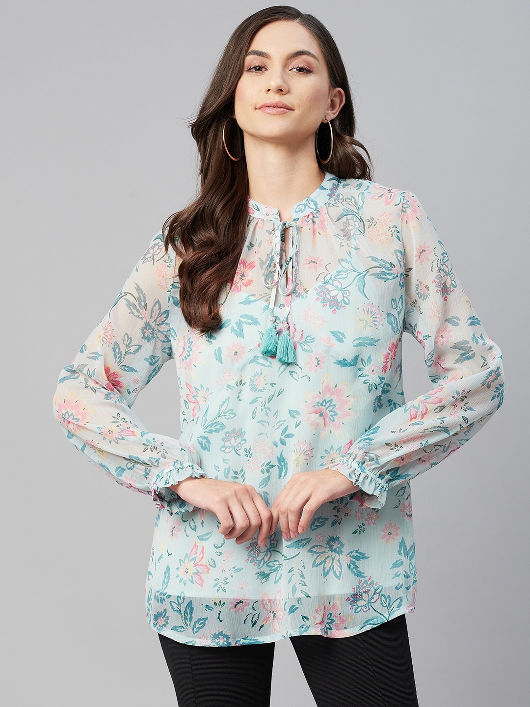 

Marks & Spencer Blue & Pink Floral Print Tie-Up Neck Top