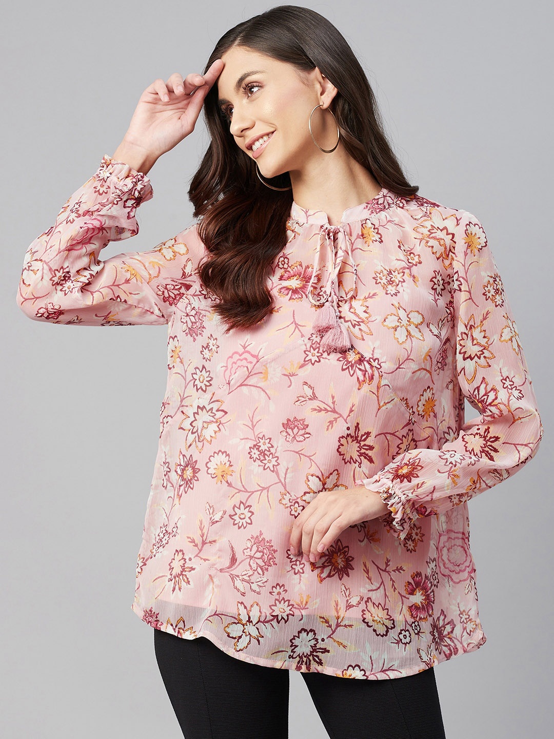 

Marks & Spencer Pink & Yellow Floral Print Tie-Up Neck Puff Sleeves Top