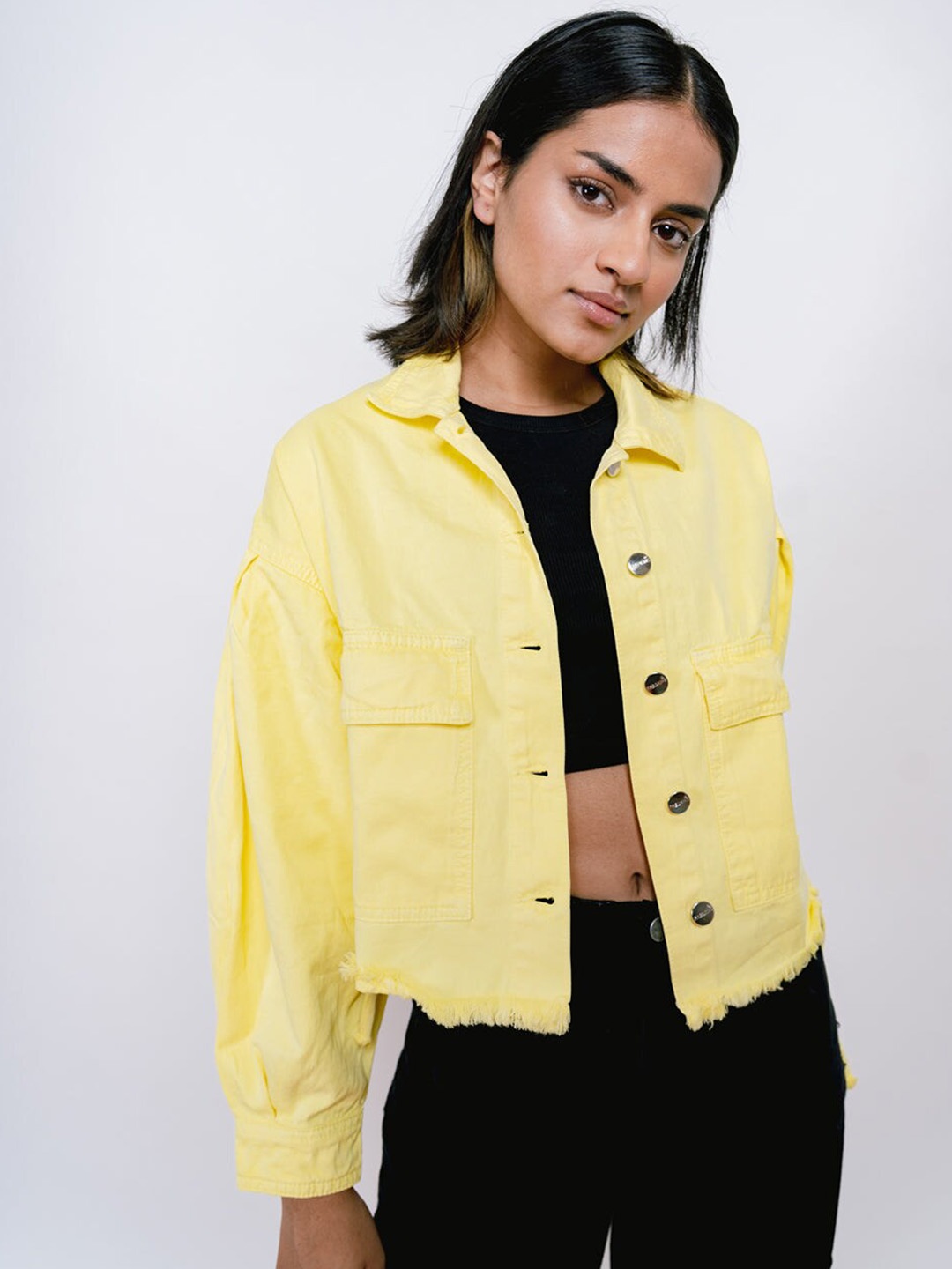 

FREAKINS Women Yellow Floral Crop Denim Jacket