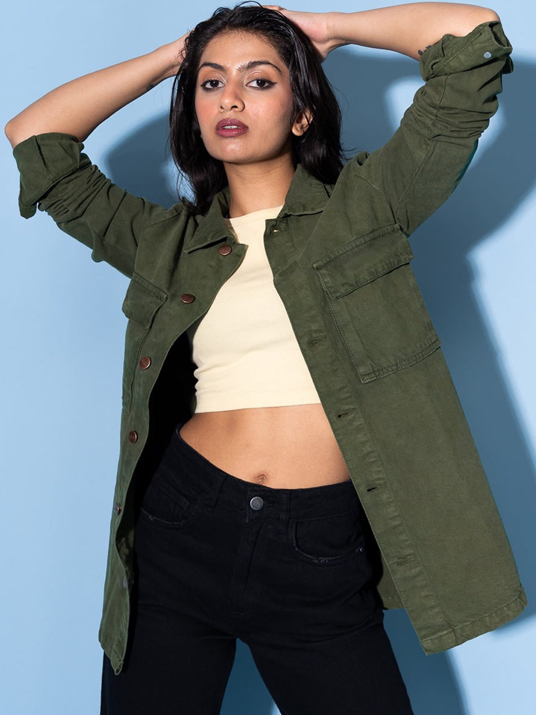 

FREAKINS Women Green Printed Washed Jacket