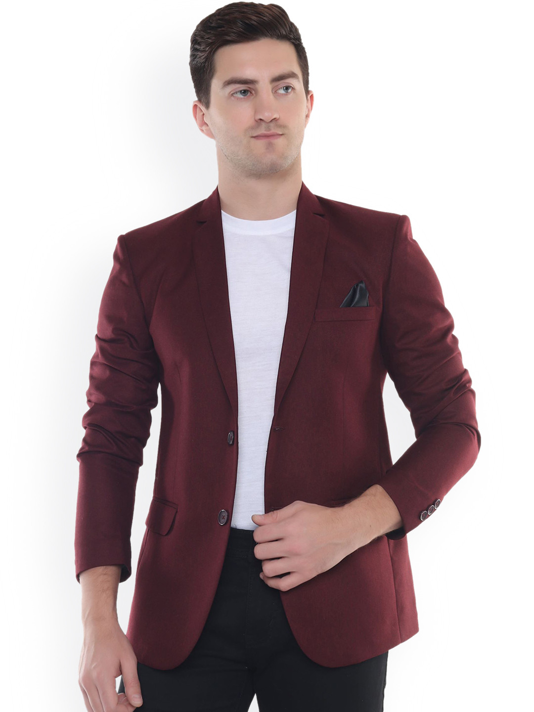 

DKGF FASHION Men Maroon Solid Single-Breasted Party Blazer