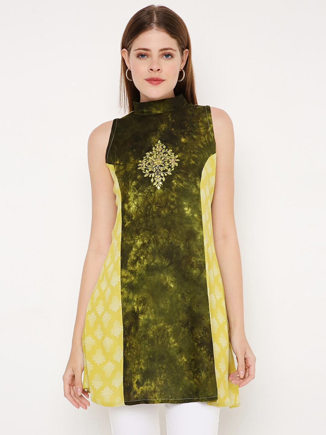 

Peppertree Green & White Modal High Neck Printed Tunic