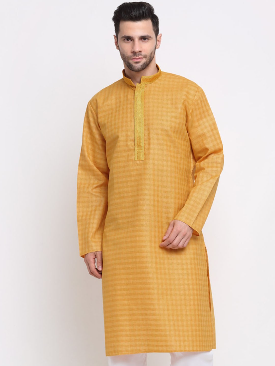 

KRAFT INDIA Men Mustard Yellow Checked Thread Work Pure Cotton Kurta