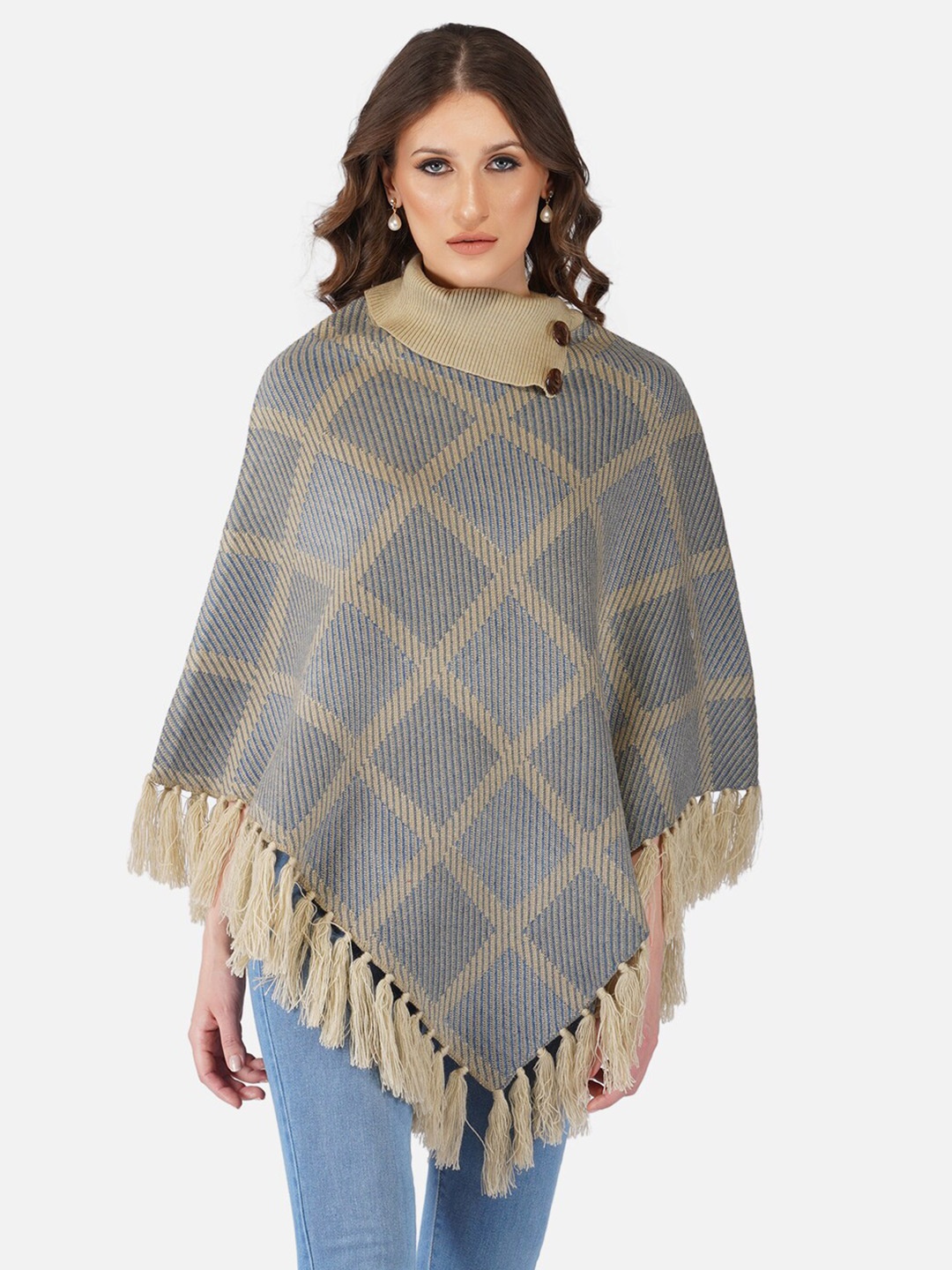 

JoE Hazel Women Beige & Grey Checked Poncho