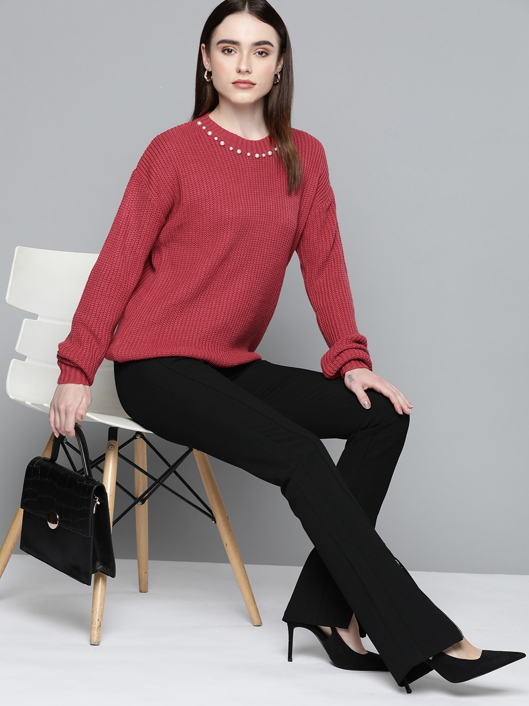 

Chemistry Women Red Solid Jewelled Pullover Sweater