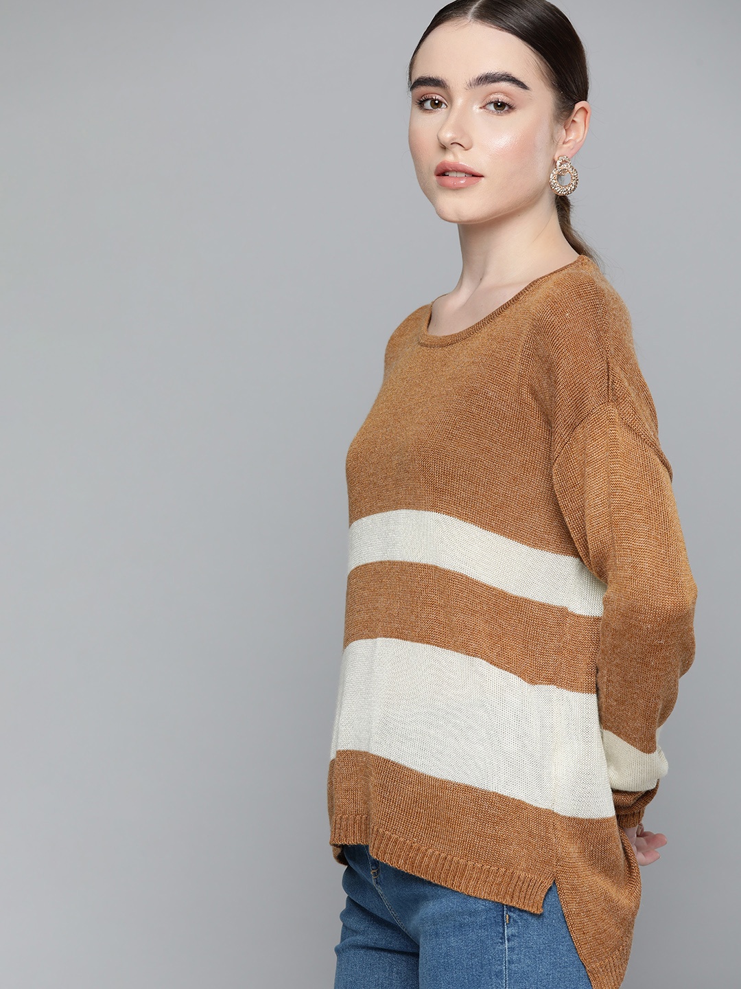 

Chemistry Striped Drop-Shoulder Sleeves Pullover, Brown
