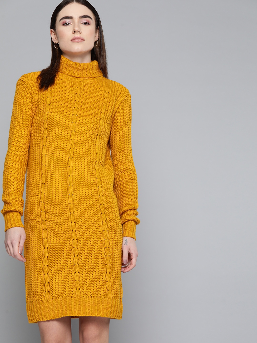 

Chemistry Women Mustard Yellow Self-Design Turtle Neck Jumper Dress