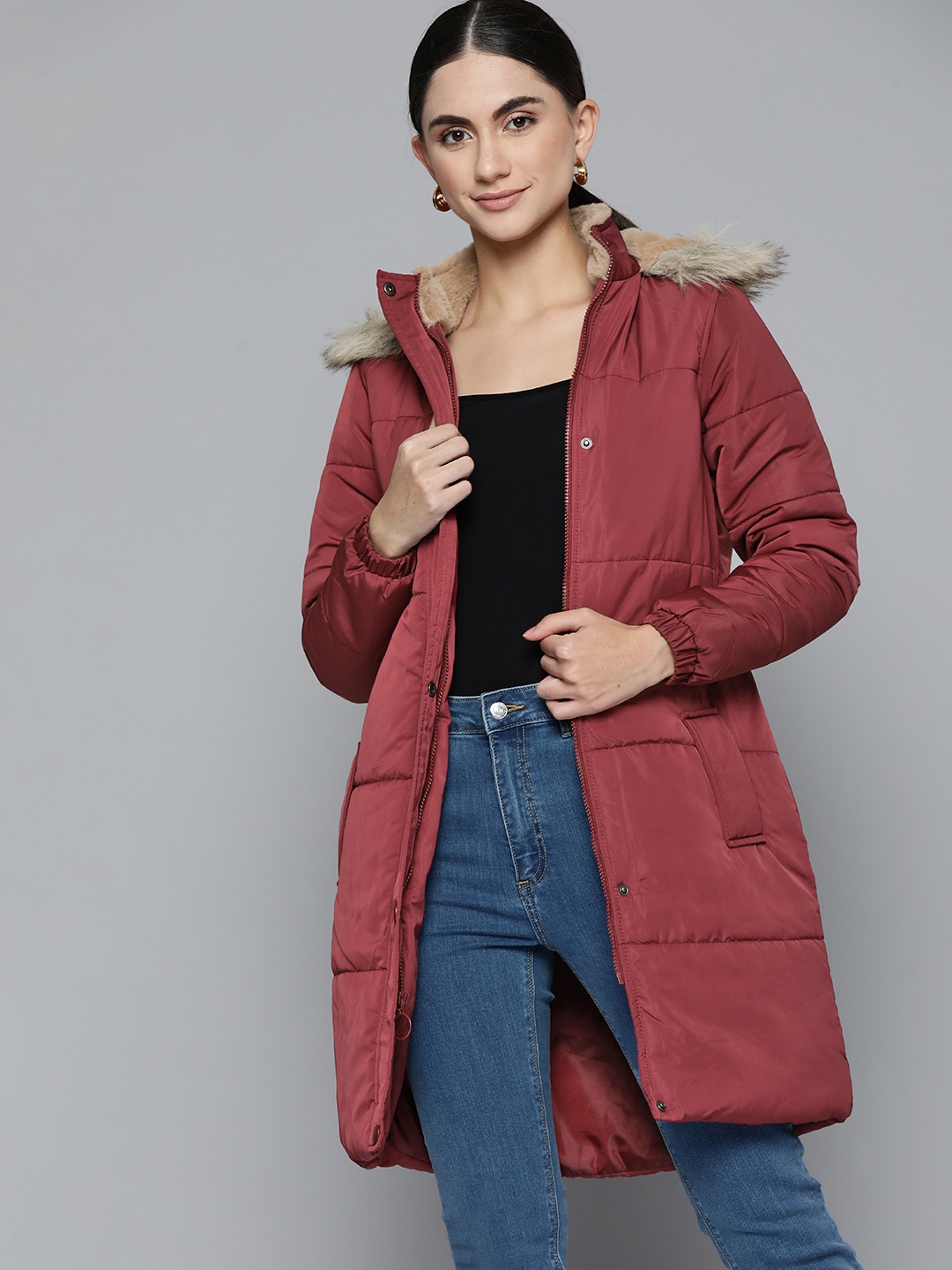 

Chemistry Women Maroon Longline Parka Jacket with Faux Fur Hood