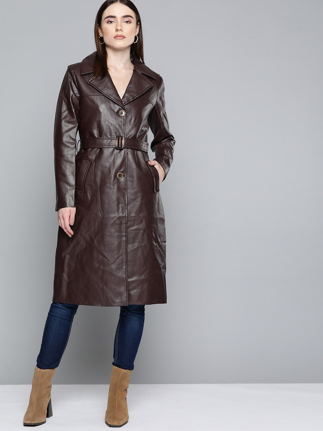 

Chemistry Women Burgundy Solid Faux Leather Over Coat