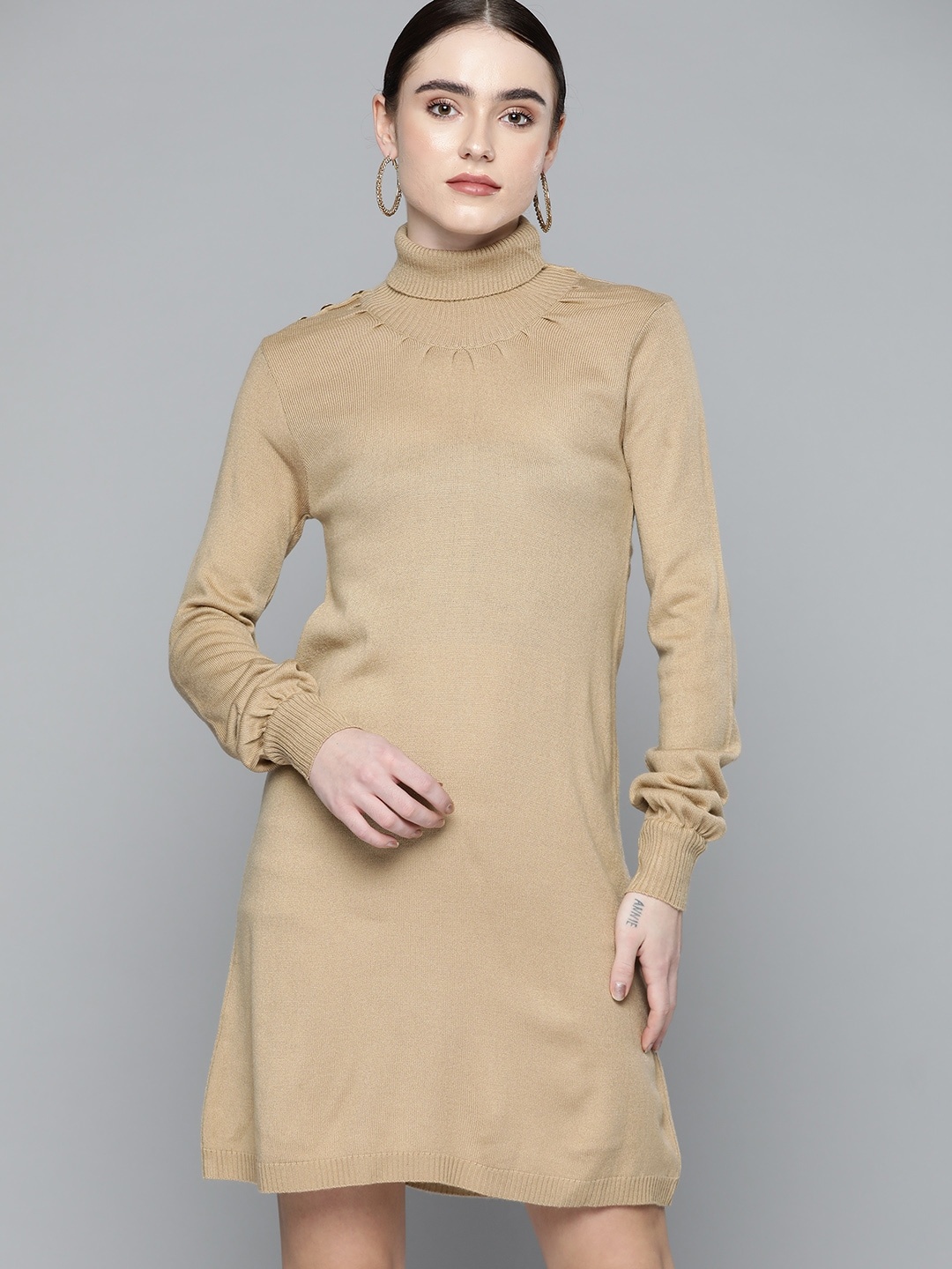 

Chemistry Beige Solid Acrylic Turtle Neck Sweater Dress