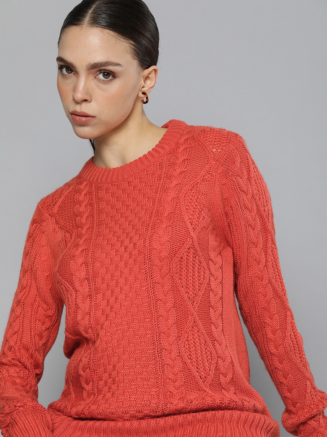 

Chemistry Women Coral Self Design Round Neck Pullover