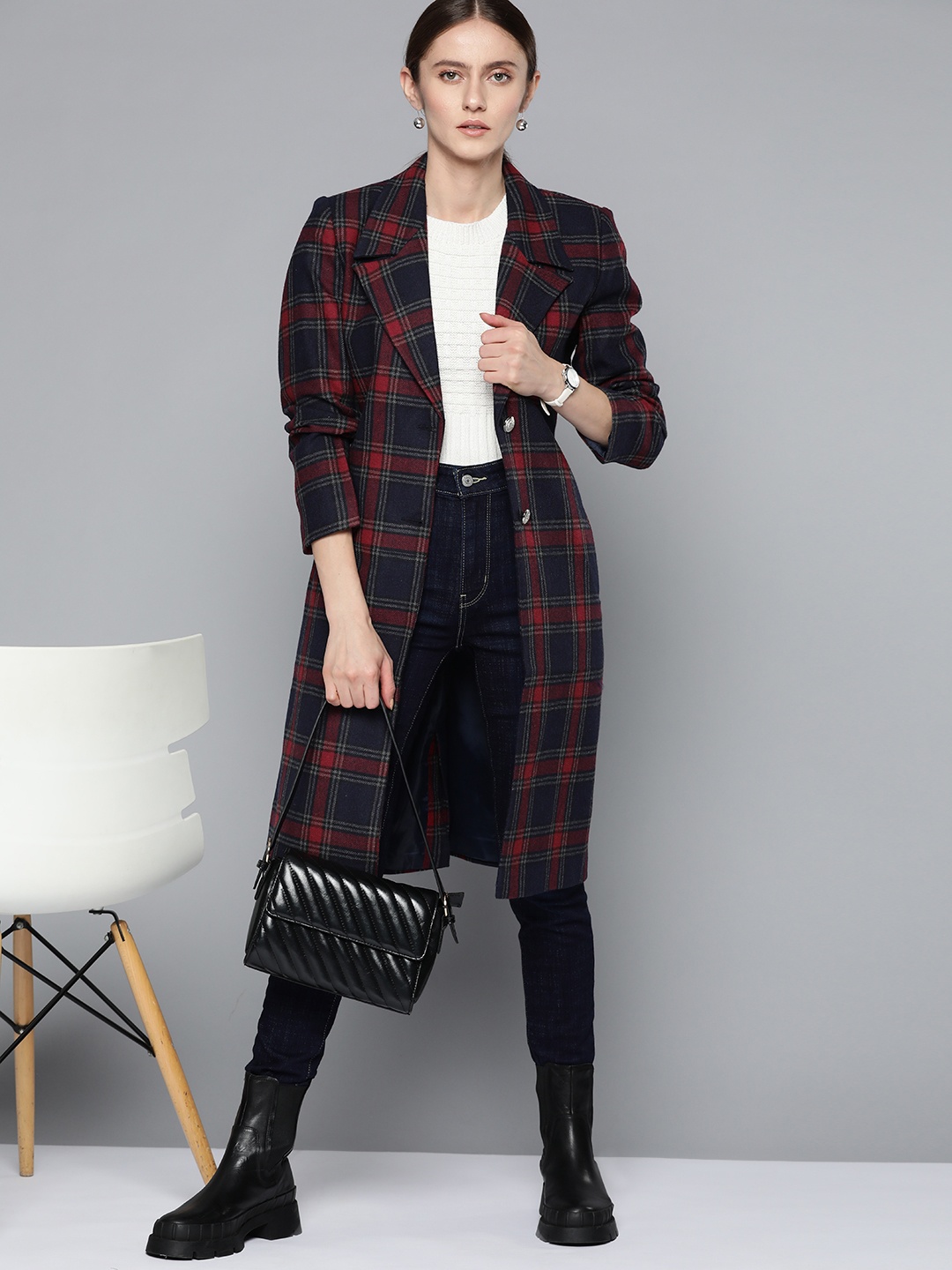 

Chemistry Women Navy Blue & Red Checked Longline Overcoat